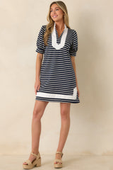 Easy Days Only Navy Stripe Puff Sleeve Mini Dress