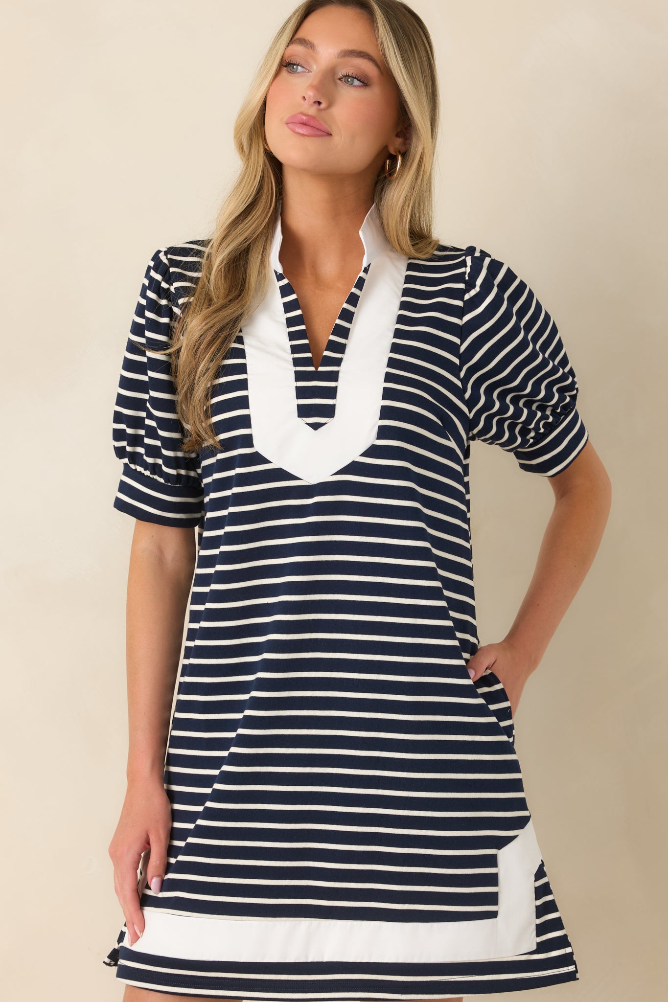 Easy Days Only Navy Stripe Puff Sleeve Mini Dress