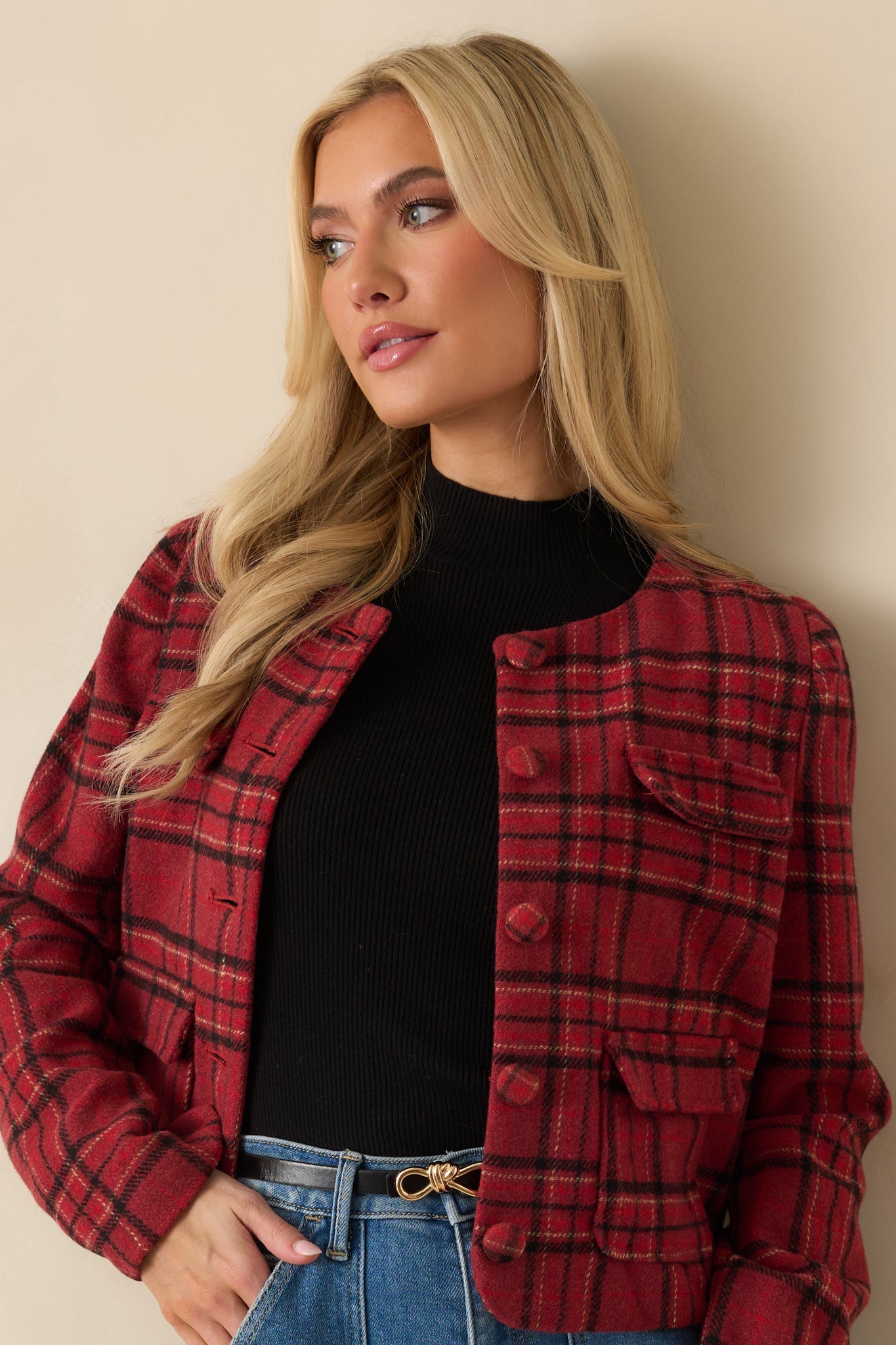 All In Good Taste Merlot Red Plaid Button Up Jacket