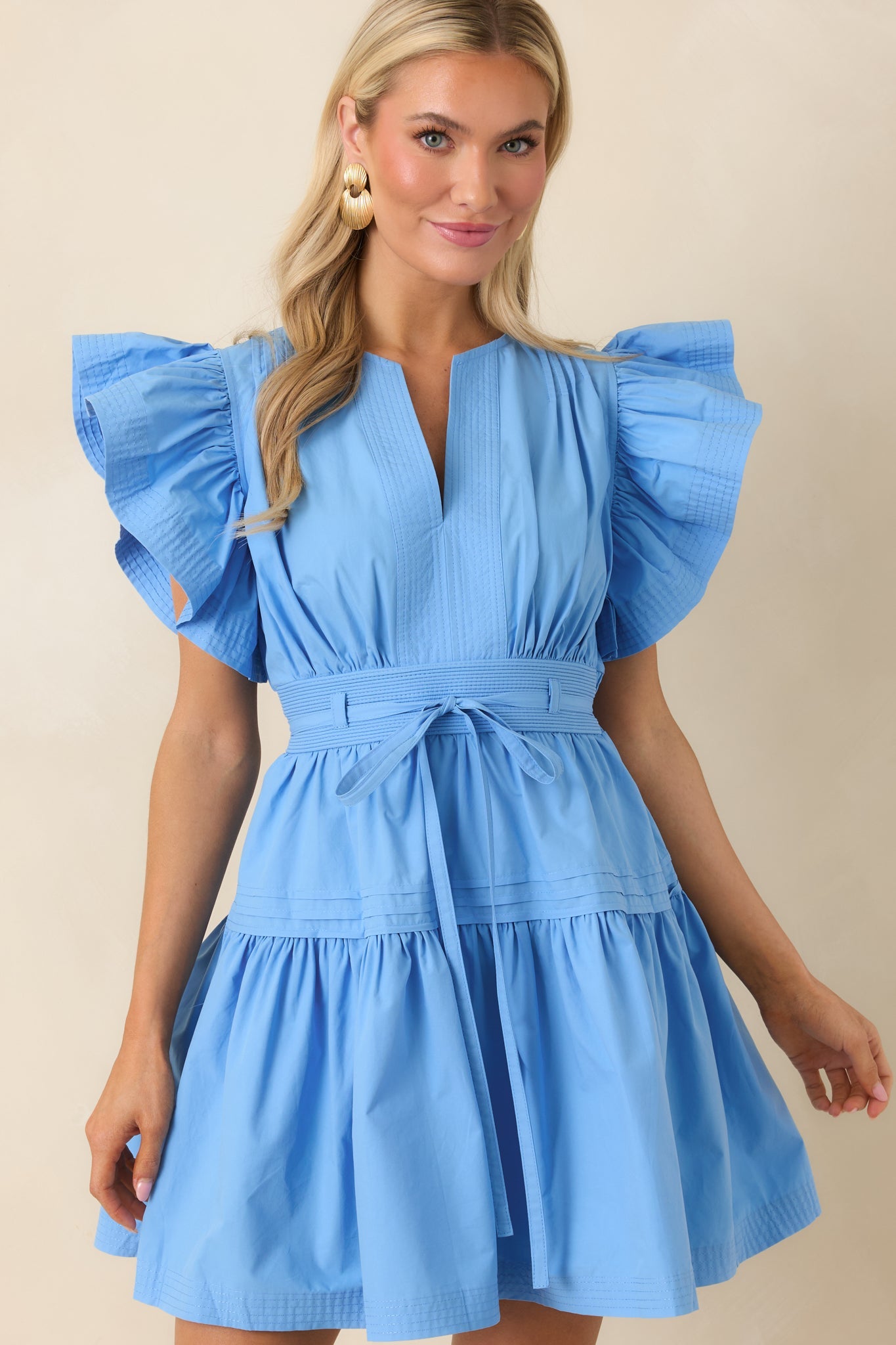 What a Lovely Day Blue Cotton Flutter Sleeve Tie Waist Mini Dress