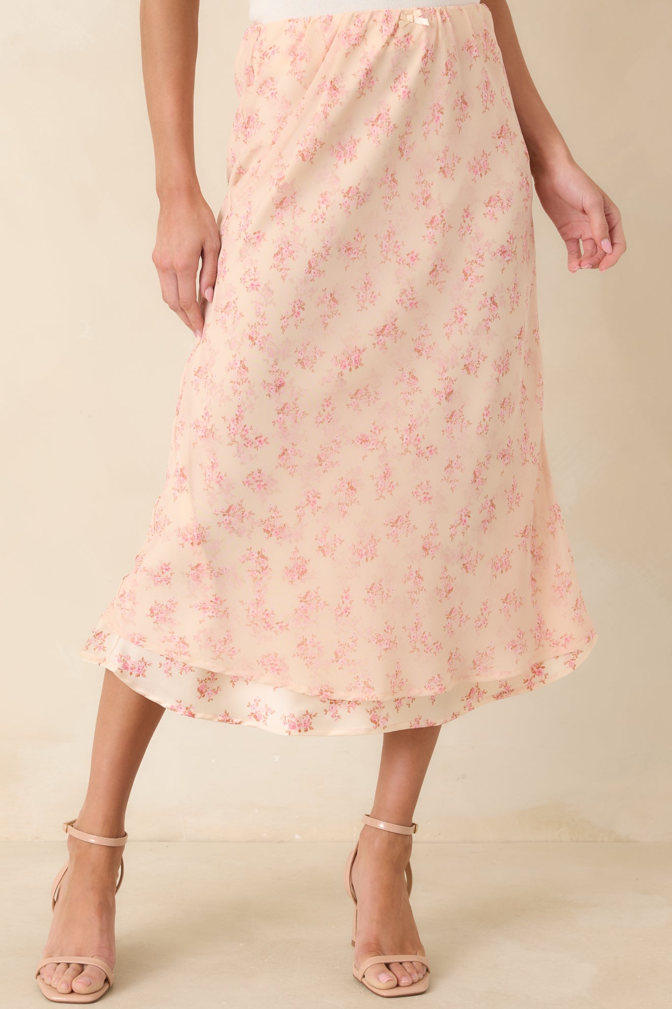 Drifting in Dreams Pink Floral Chiffon Layered Midi Skirt