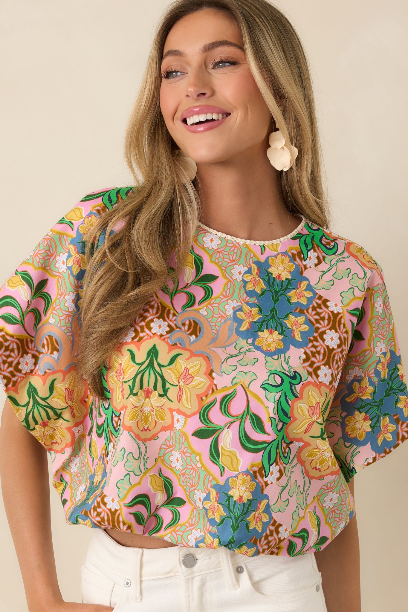 Find Me in Florence Pink Multi Floral Cotton Balloon Hem Top
