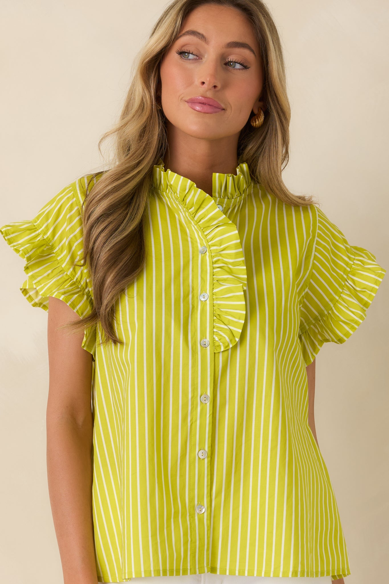 Say Less Chartreuse Stripe Cotton Ruffle Trim Blouse