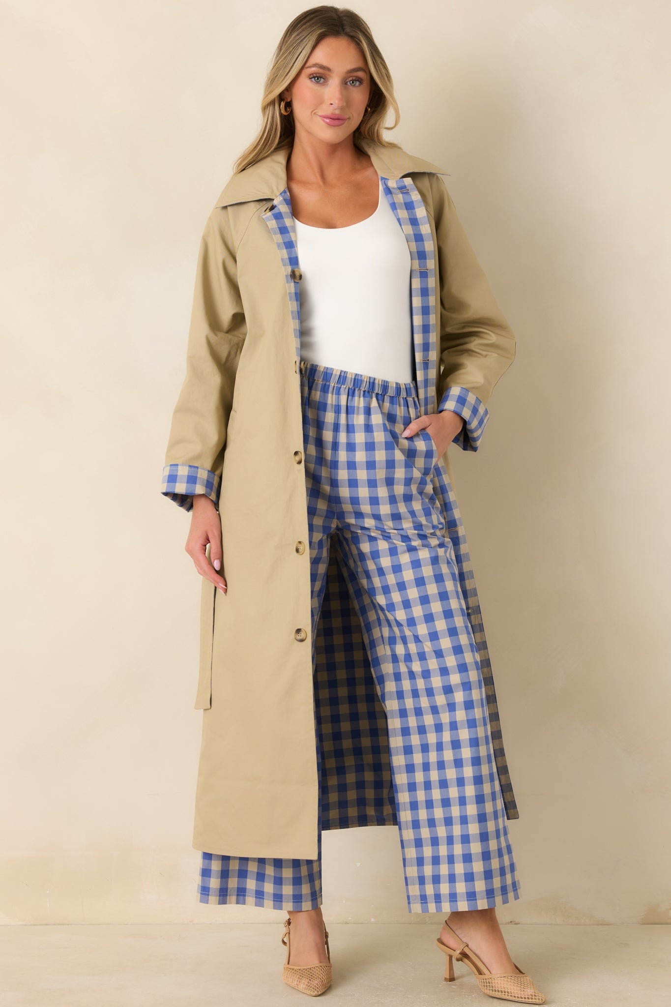 FRNCH Pocahontas Azure Blue Gingham Cotton Reversible Trench Coat