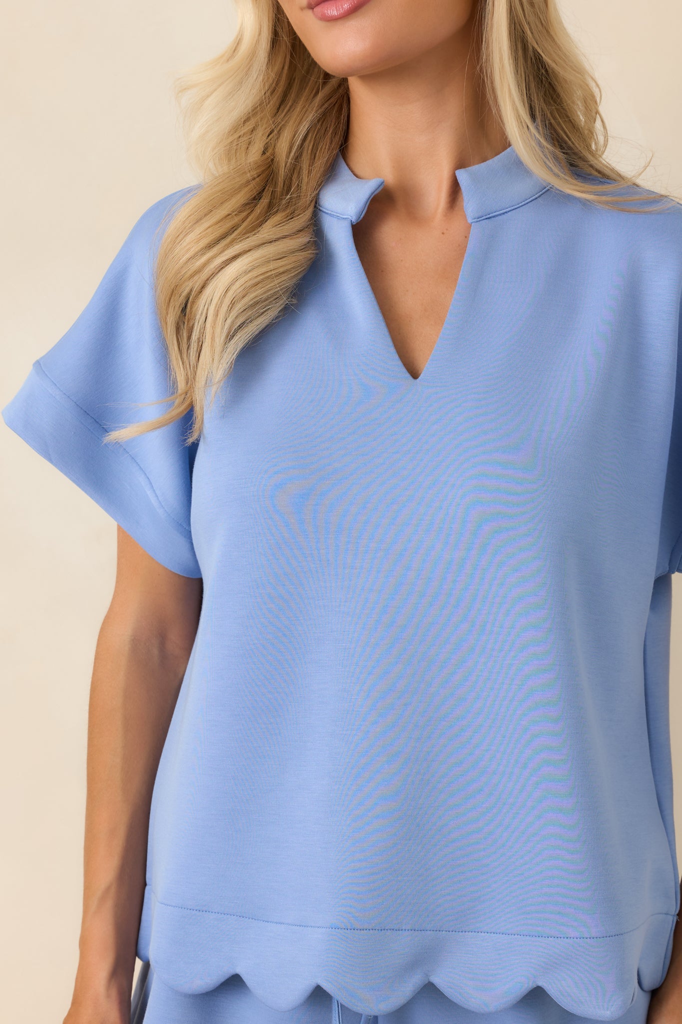 First Class Flirt Light Blue Scalloped Hem Top