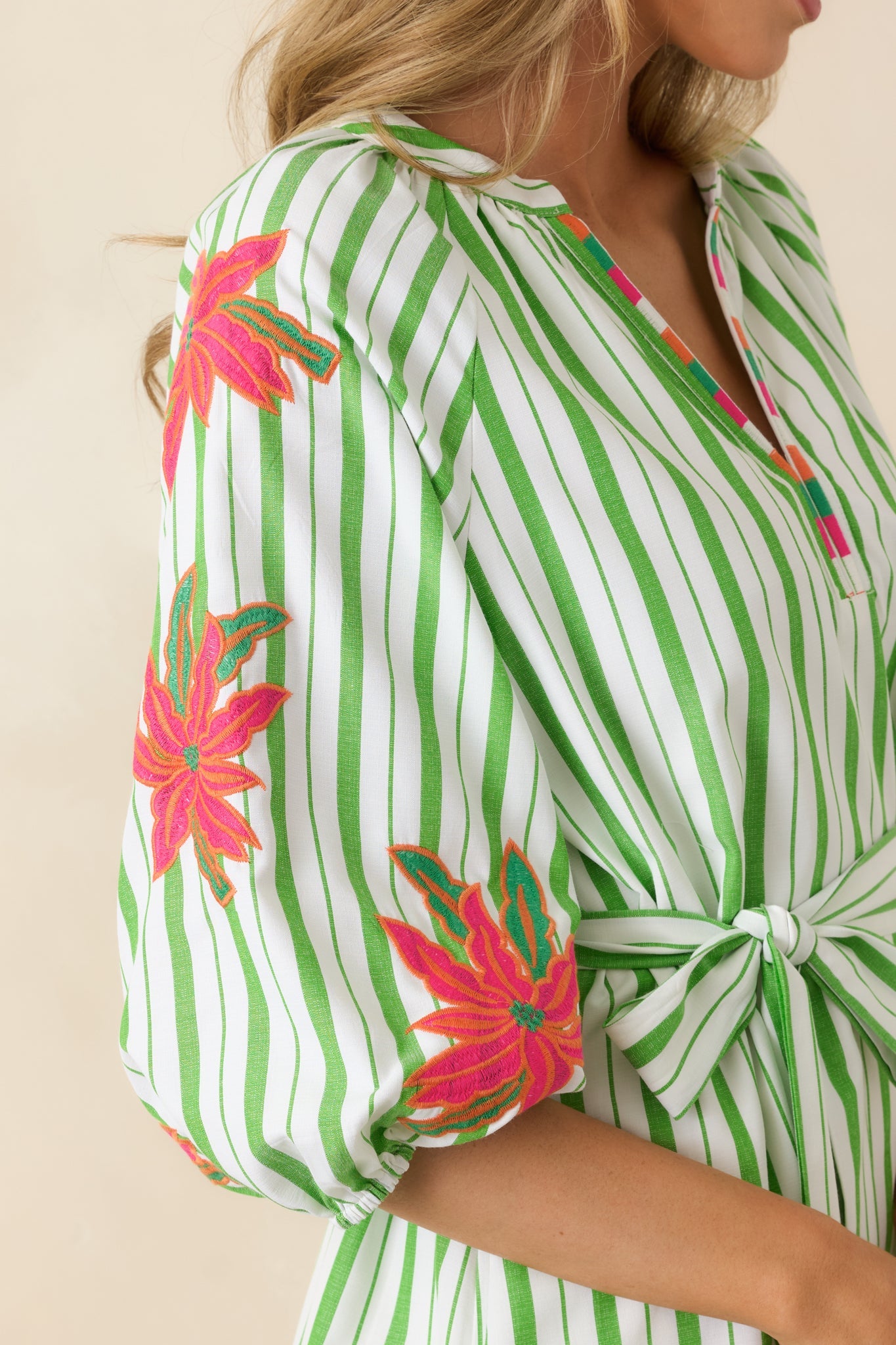 Having a Bright Outlook Green Stripe Floral Midi Dress