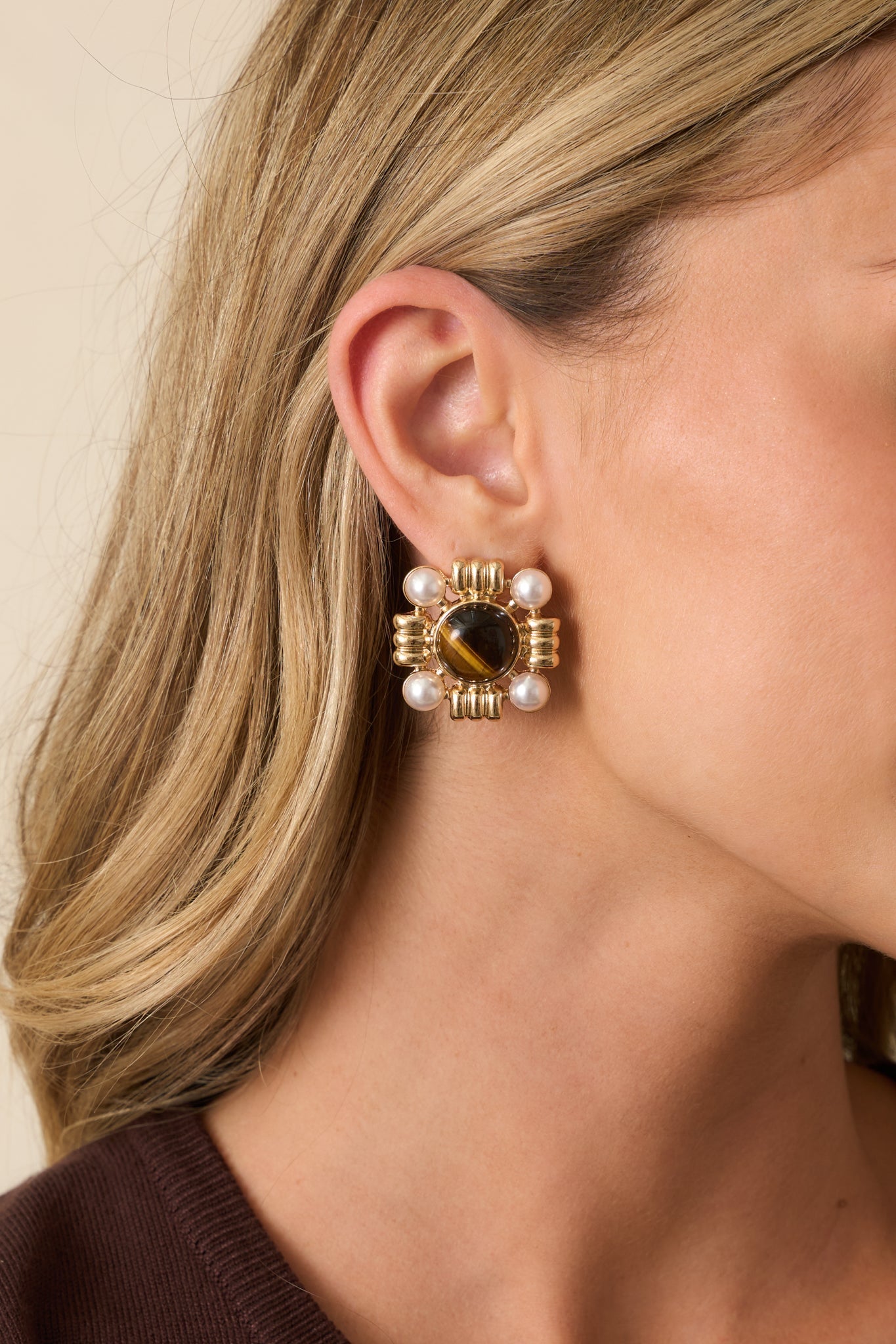 Beyond The Waters Gold Square Brown Stone Earrings