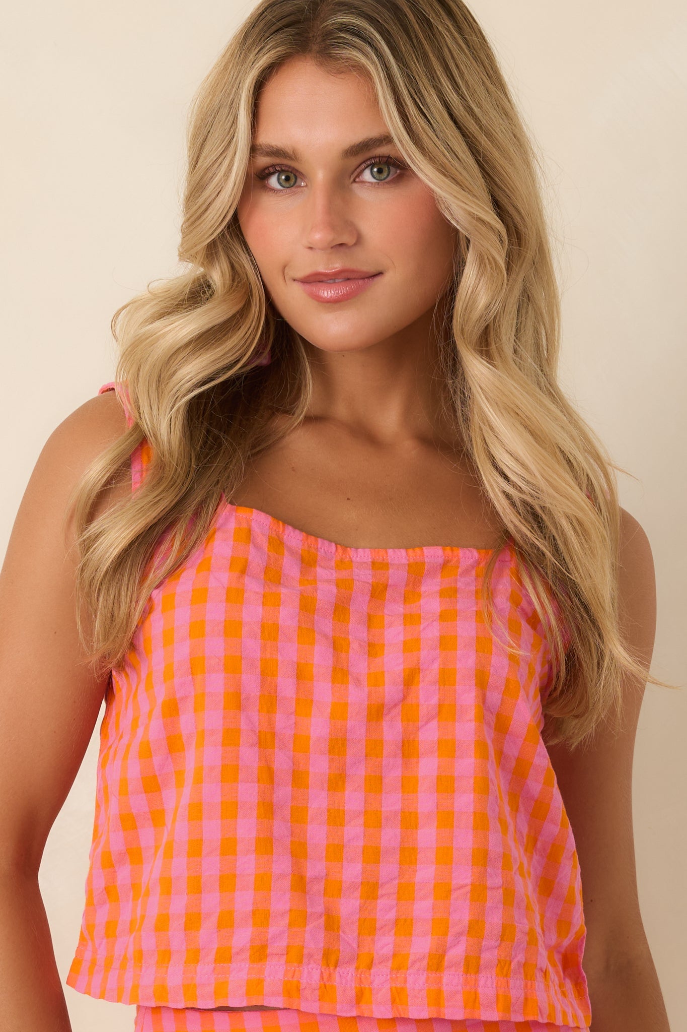 Bon Voyage Babe Pink & Orange Cotton Plaid Cropped Tank