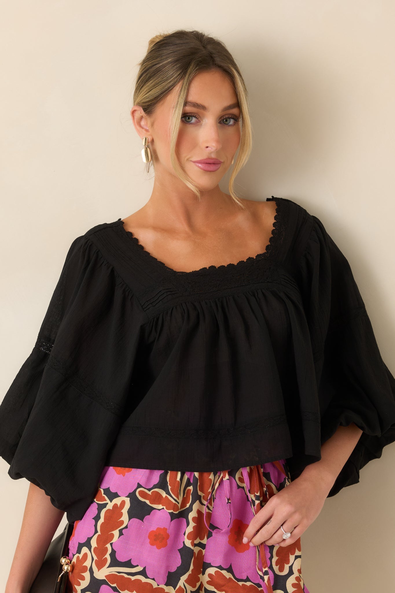 FRNCH Fluvia Black Cotton Puff Sleeve Blouse