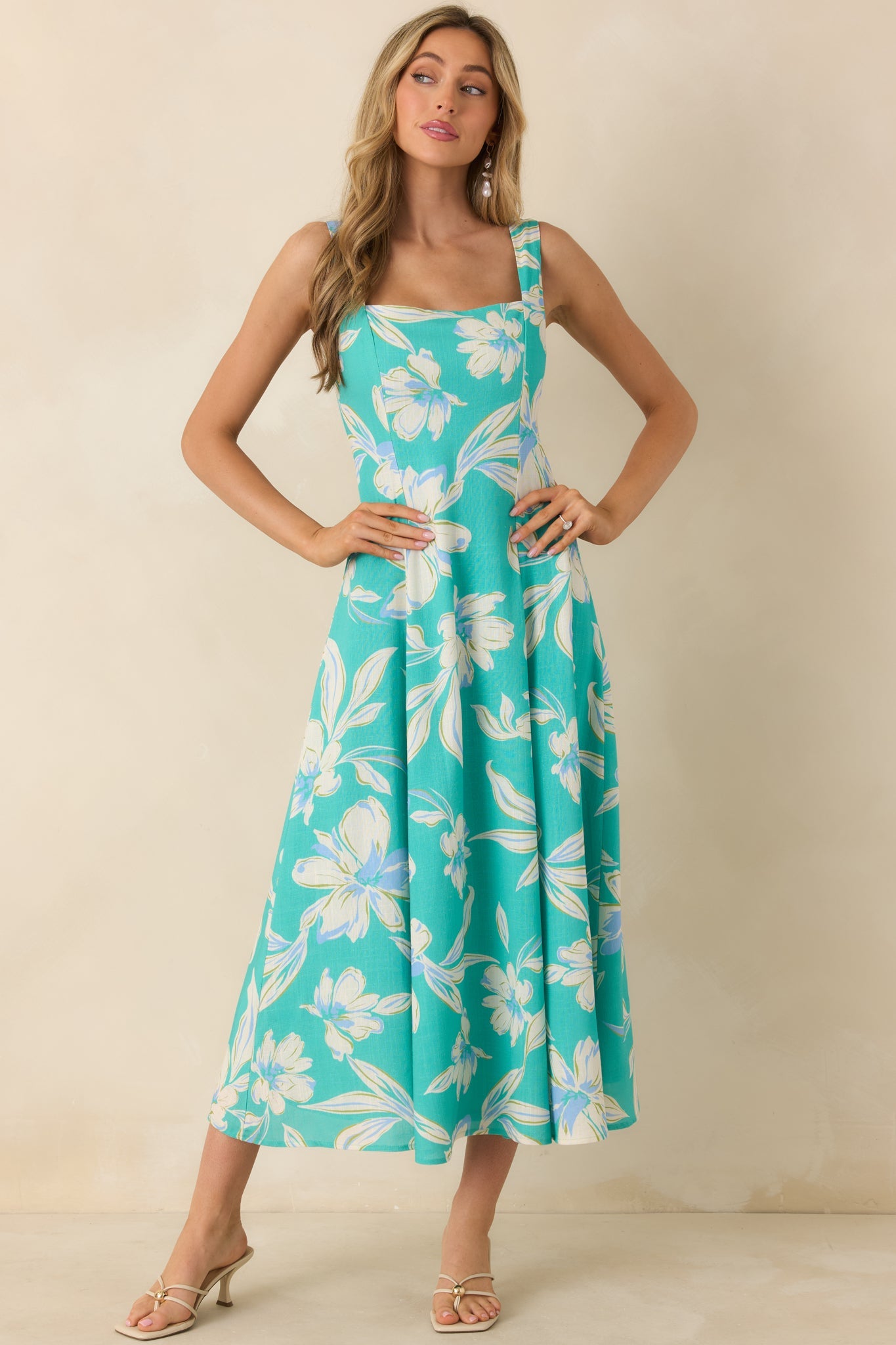 Laguna Bloom Turquoise Multi Floral Sleeveless Midi Dress