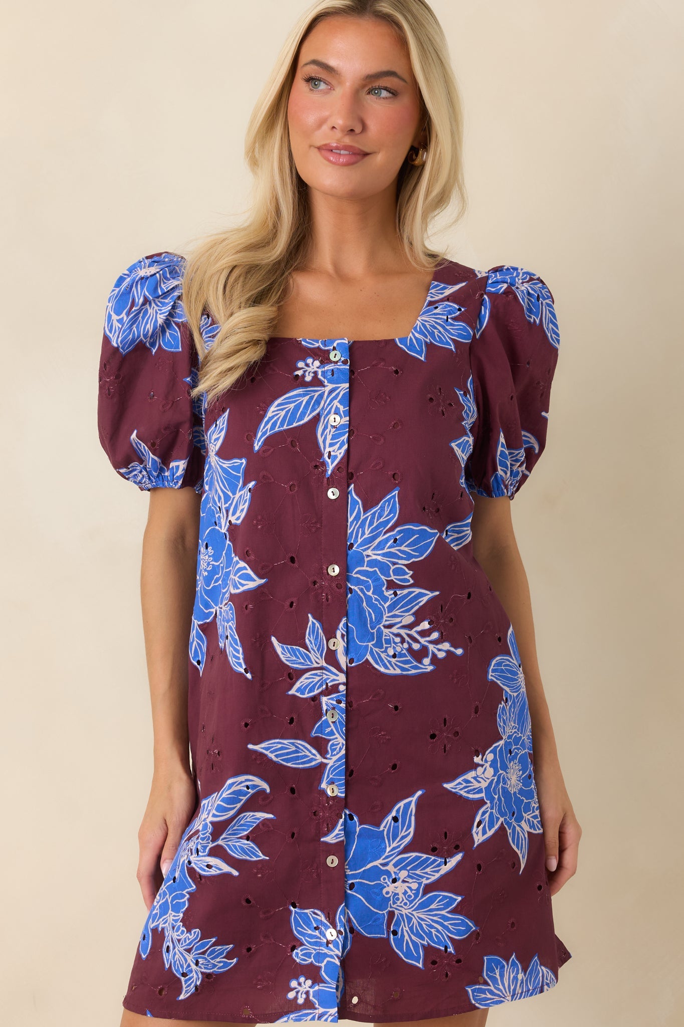 If You Ask Me Wine & Cobalt Floral Cotton Puff Sleeve Mini Dress