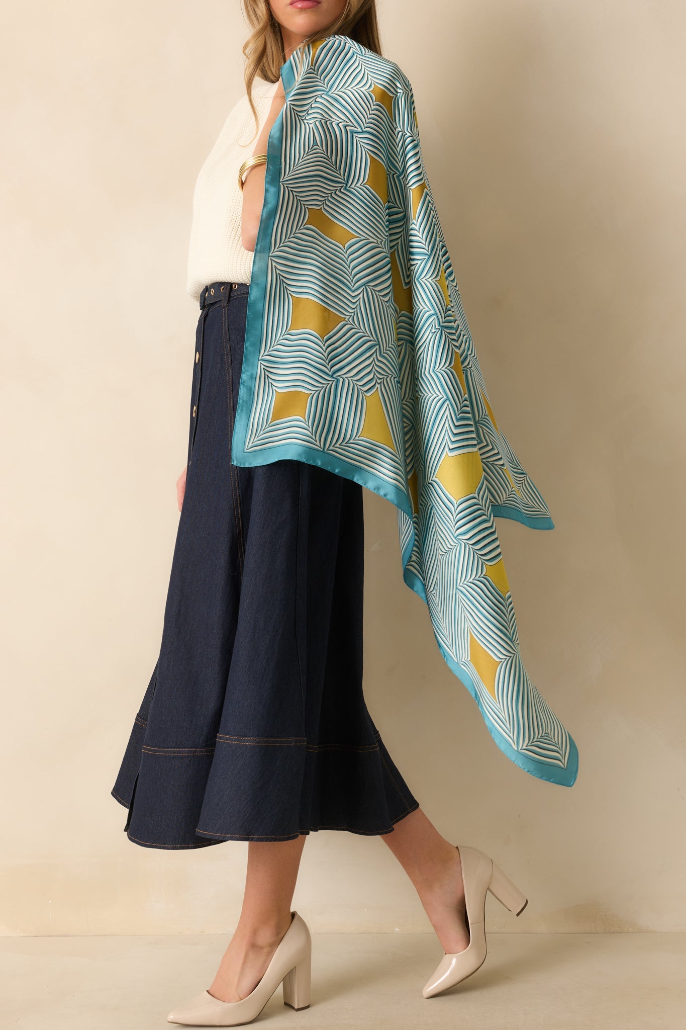 Remember The Details Blue Multi Geometric Print Satin Scarf