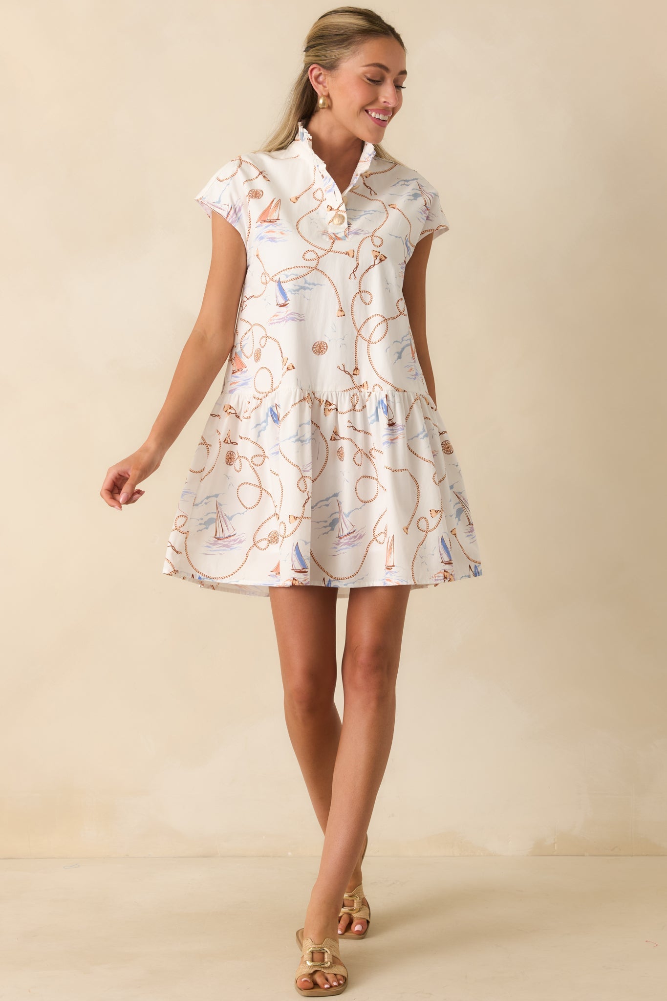 Prosperina Stella Ivory Multi Nautical Print Cotton Mini Dress
