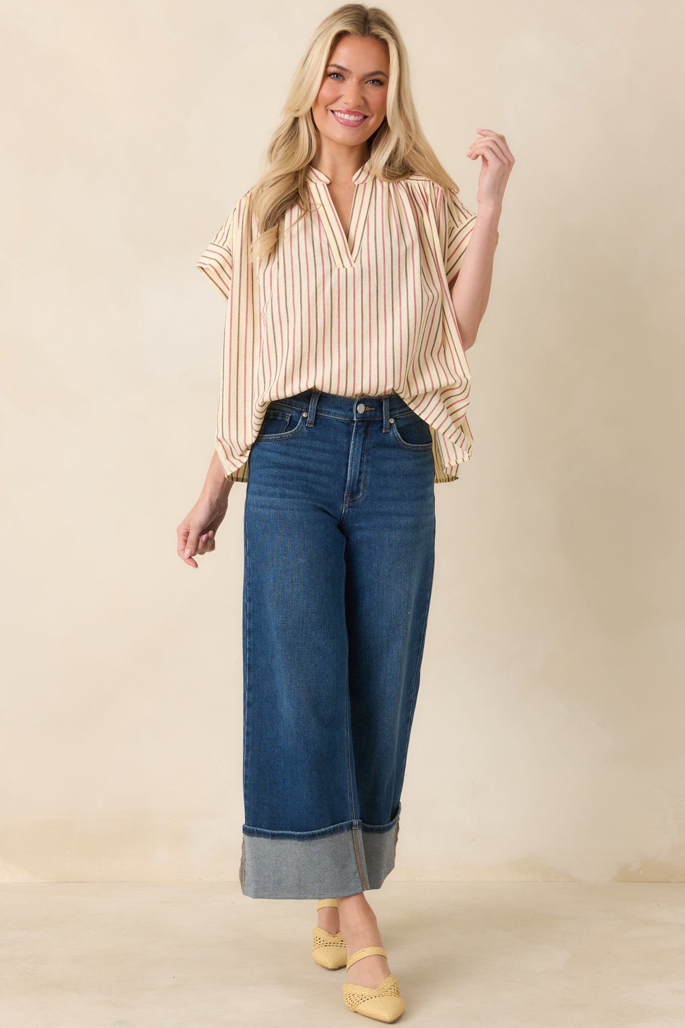 FRNCH Bonaia Butter Yellow Multi Stripe Cotton Blouse