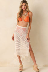 Lost In The Sunlight Natural Ivory Open Knit Fringe Cover Up Midi Skirt