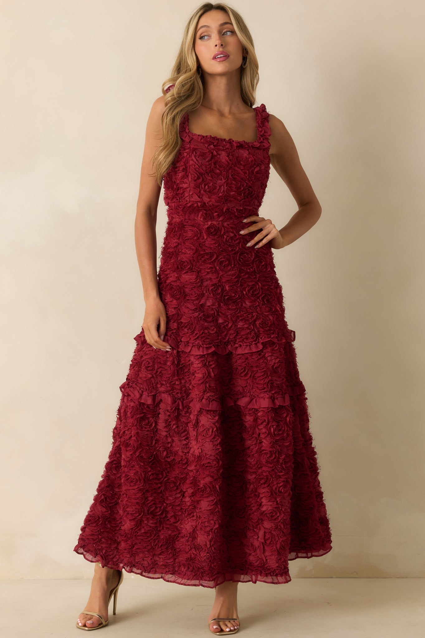 Something Good Wine Red Floral Applique Maxi Dress