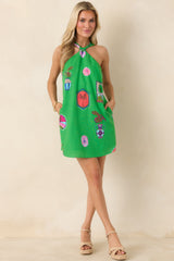 Catching Waves Green Multi Tropical Print Tie-Back Halter Mini Dress