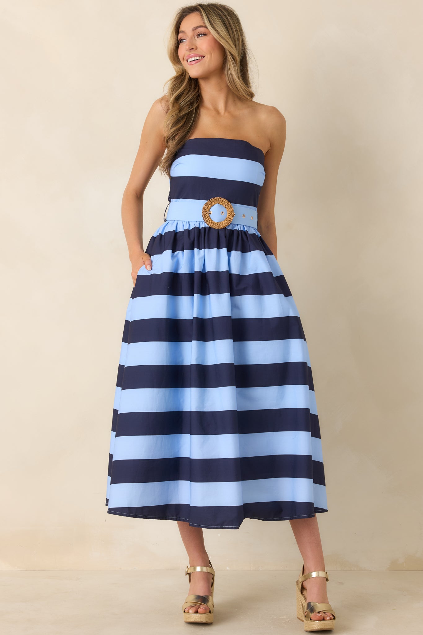 The Amanda Navy & Light Blue Stripe Cotton Strapless Midi Dress