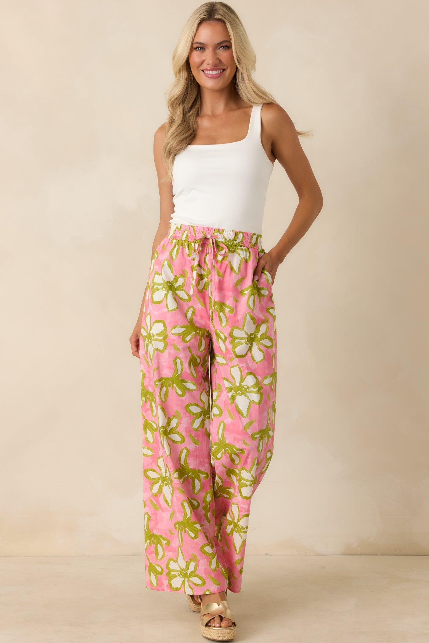 Flower Power Move Pink Floral Cotton Wide Leg Pants