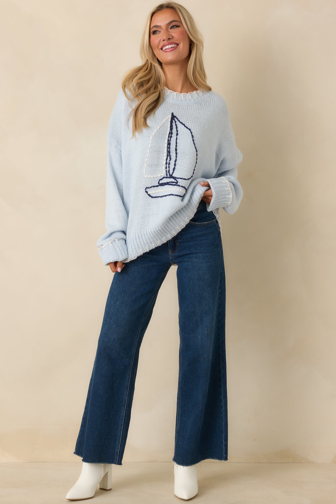 Set Your Course Light Blue Knit Embroidered Sailboat Sweater