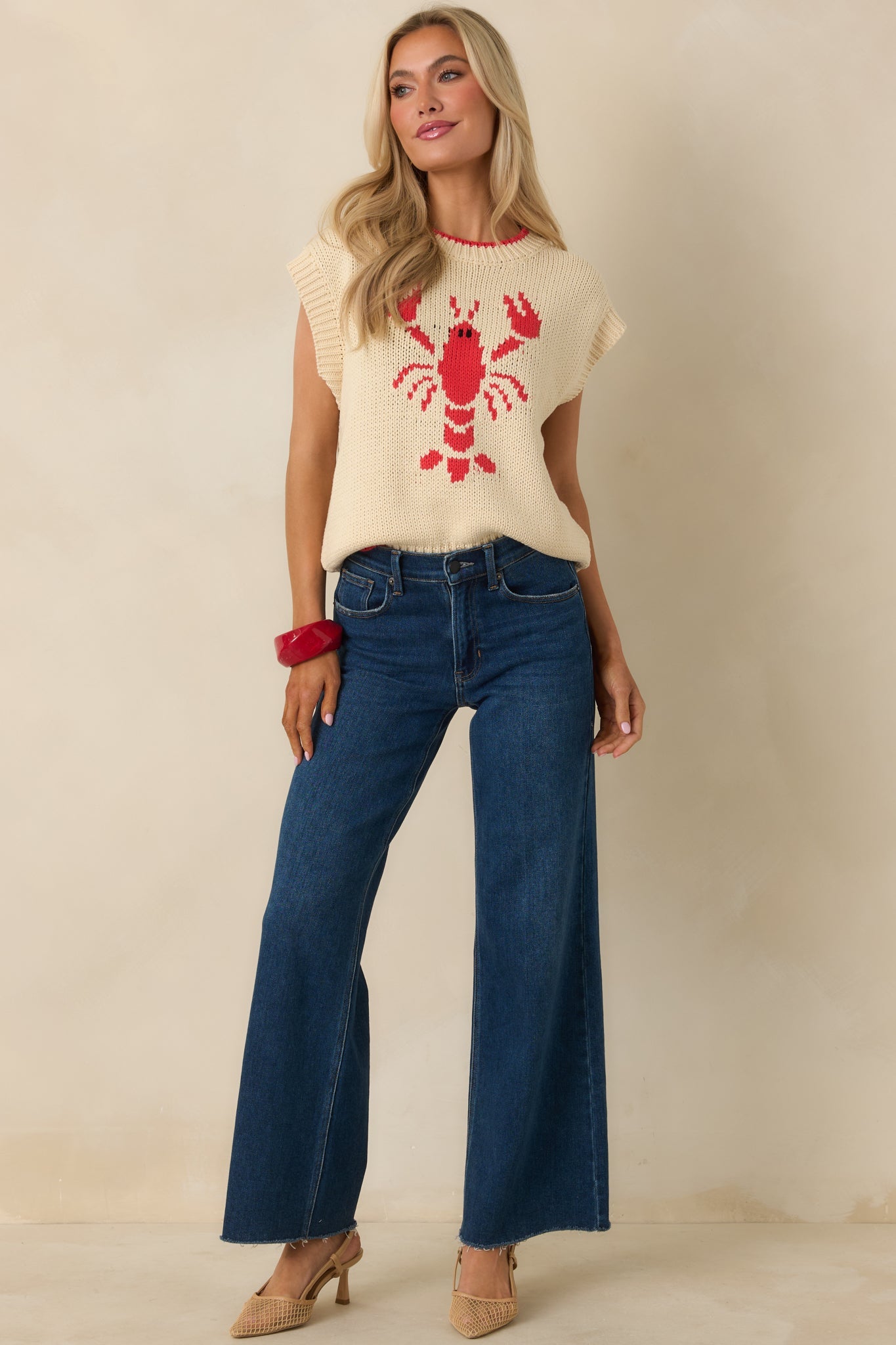 Just a Pinch Ivory Multi Knit Sleeveless Lobster Sweater