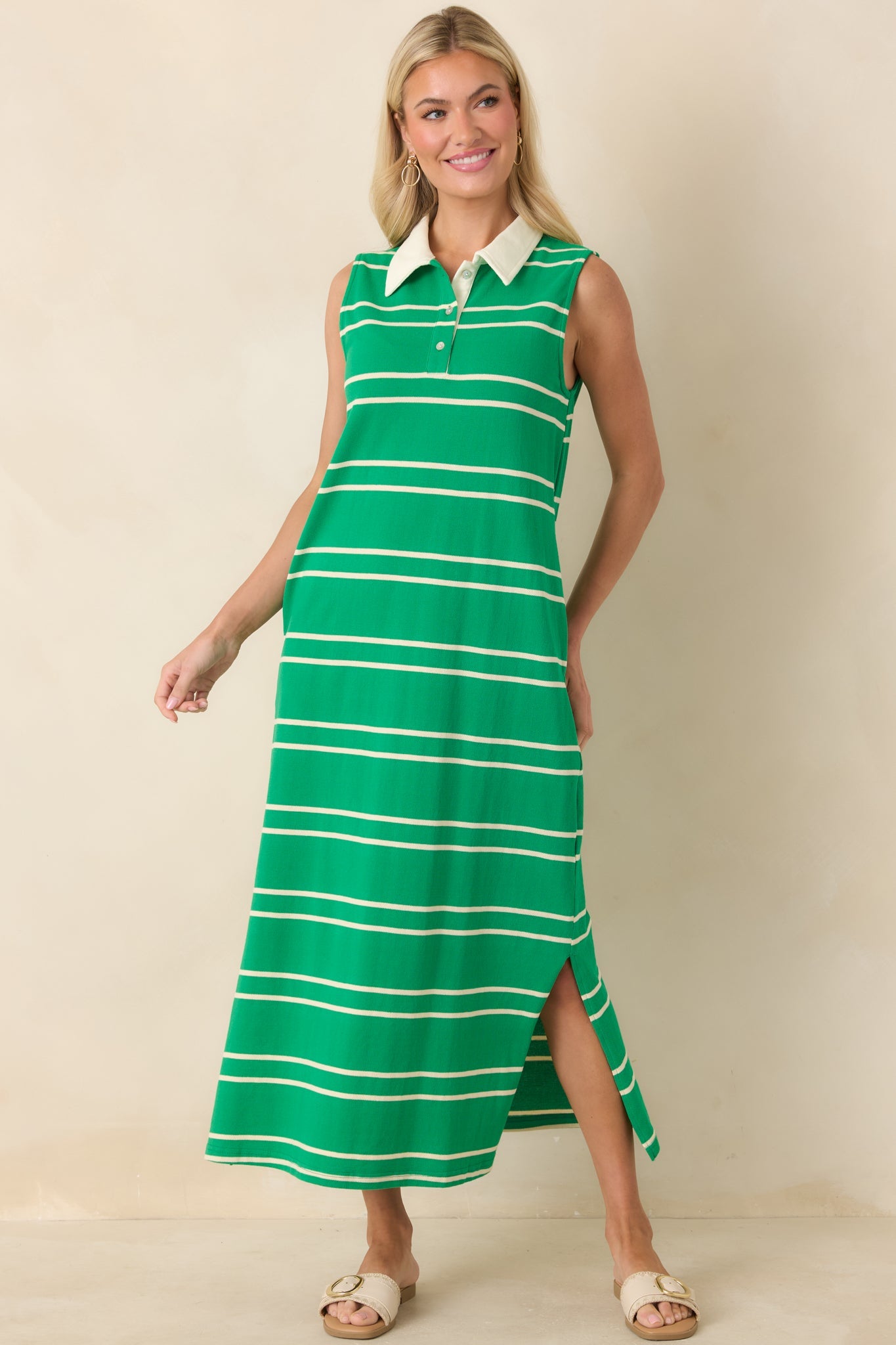 Polished Play Green Stripe Cotton Sleeveless Maxi Dress