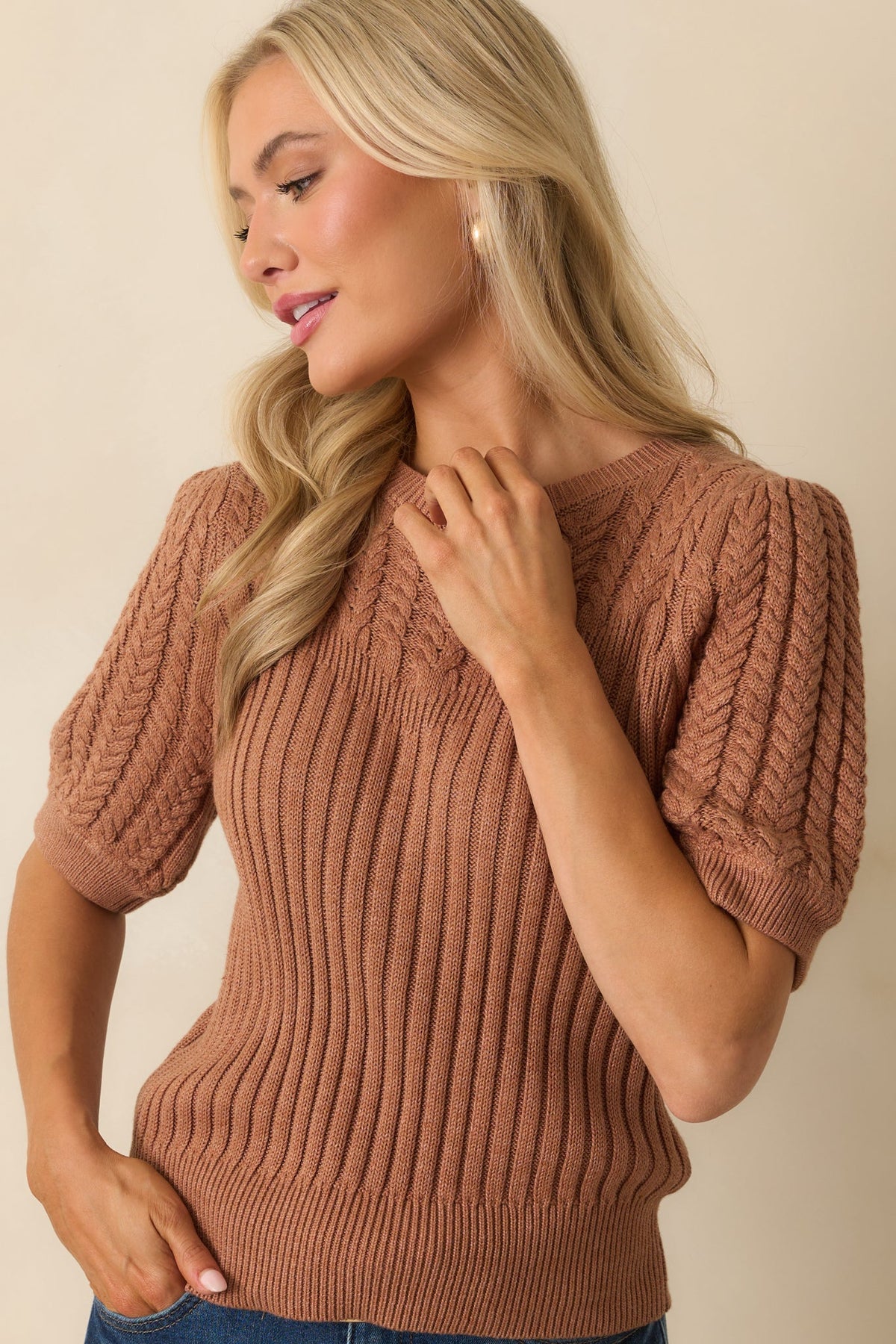 Don't Doubt It Clay Brown Cable Knit Short Sleeve Ribbed Sweater