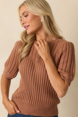 Don't Doubt It Clay Brown Cable Knit Short Sleeve Ribbed Sweater