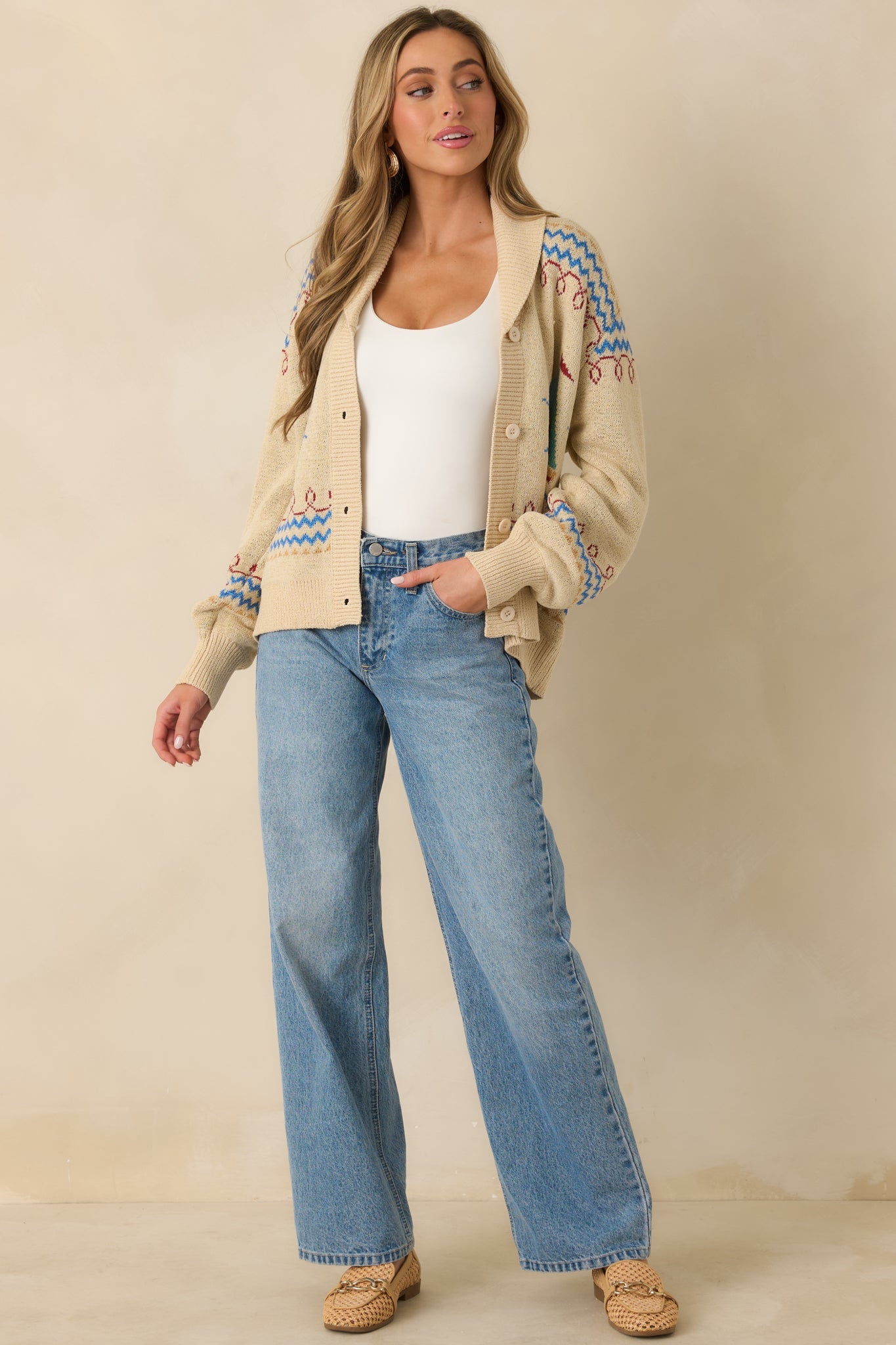 Coast Is Clear Light Beige Multi Knit Button-Up Sailboat Cardigan Sweater