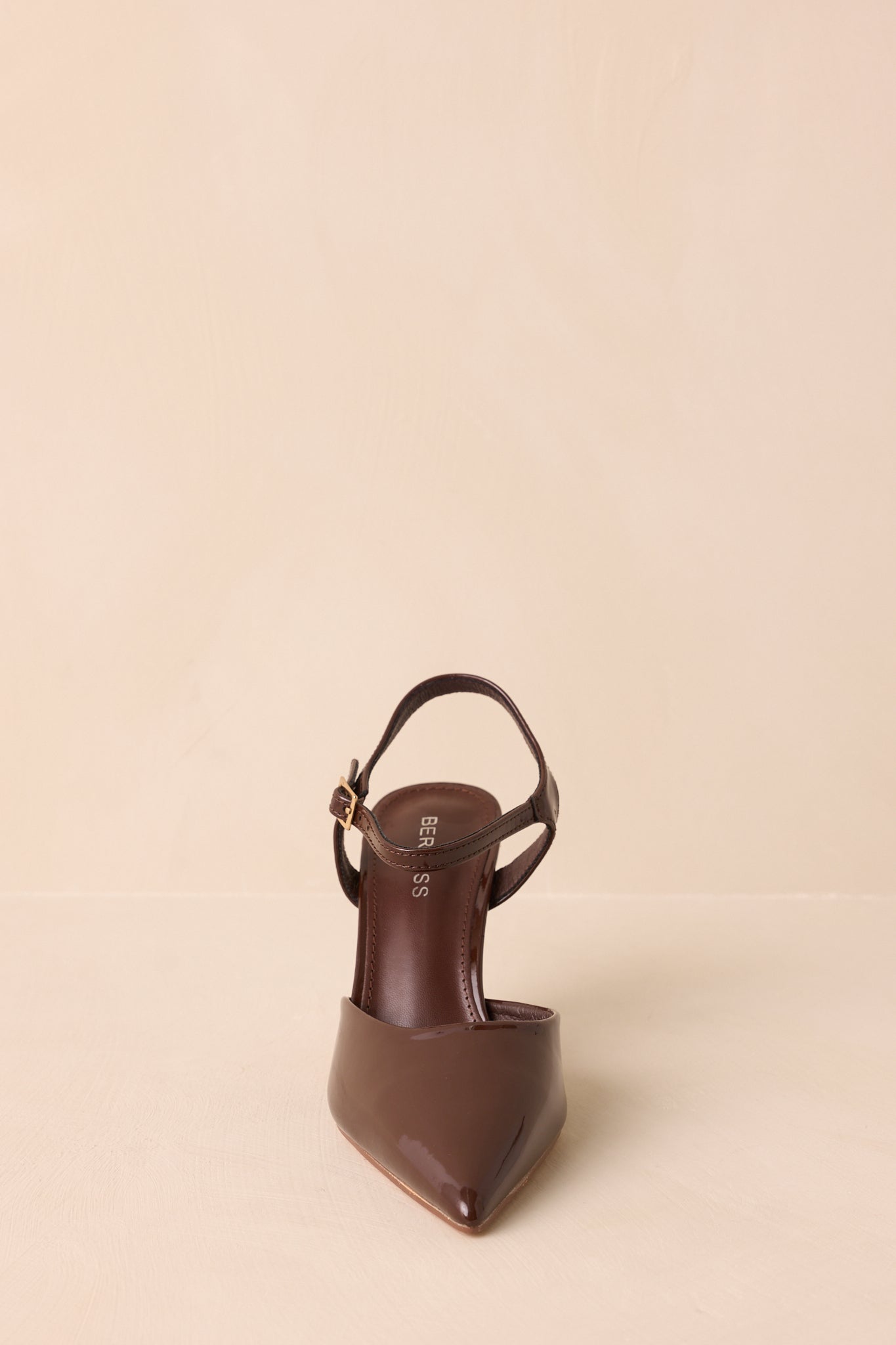 From Here To There Brown Patent Faux Leather Ankle Strap Heels