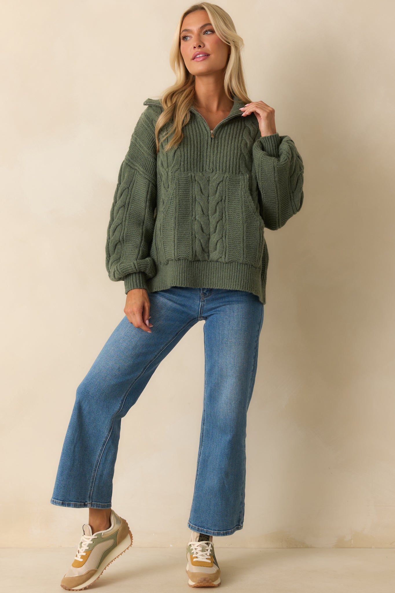 Day After Day Green Cable Knit Quarter Zip Pullover Sweater