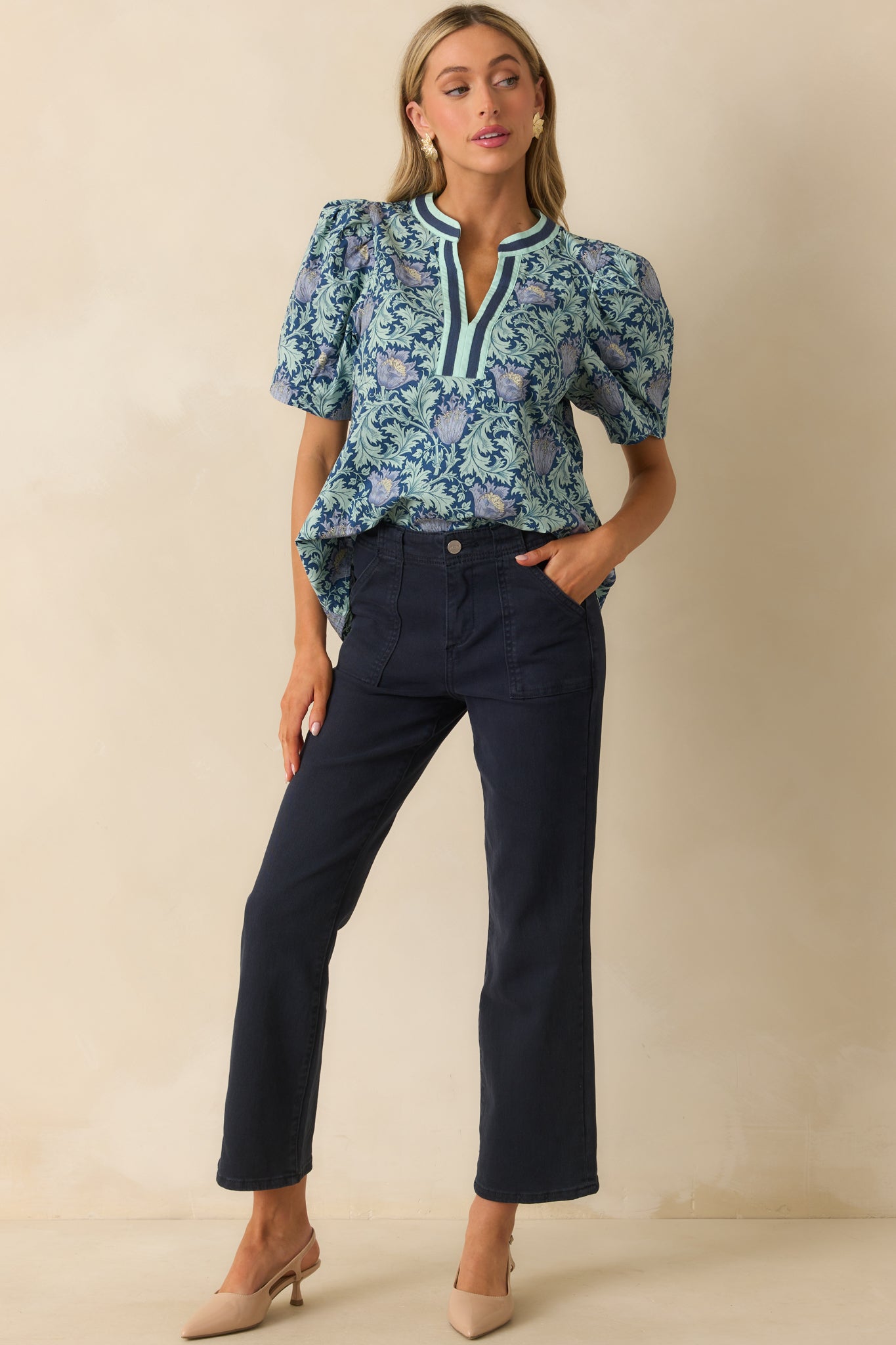 Nothing To Add Navy Multi Floral Print Cotton Puff Sleeve Top