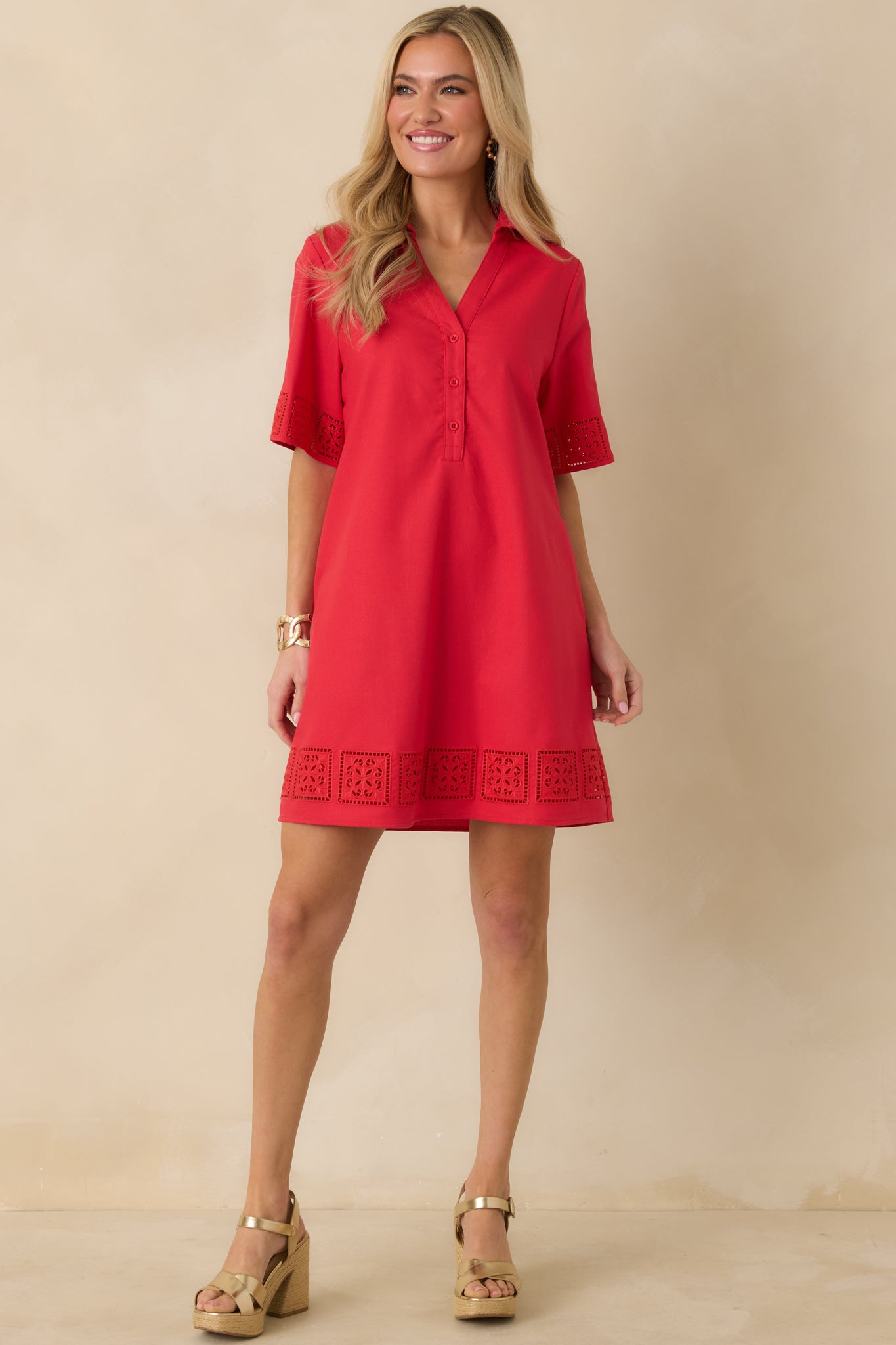 Something About You Red Cotton Blend Cut Out Detail Mini Shirt Dress