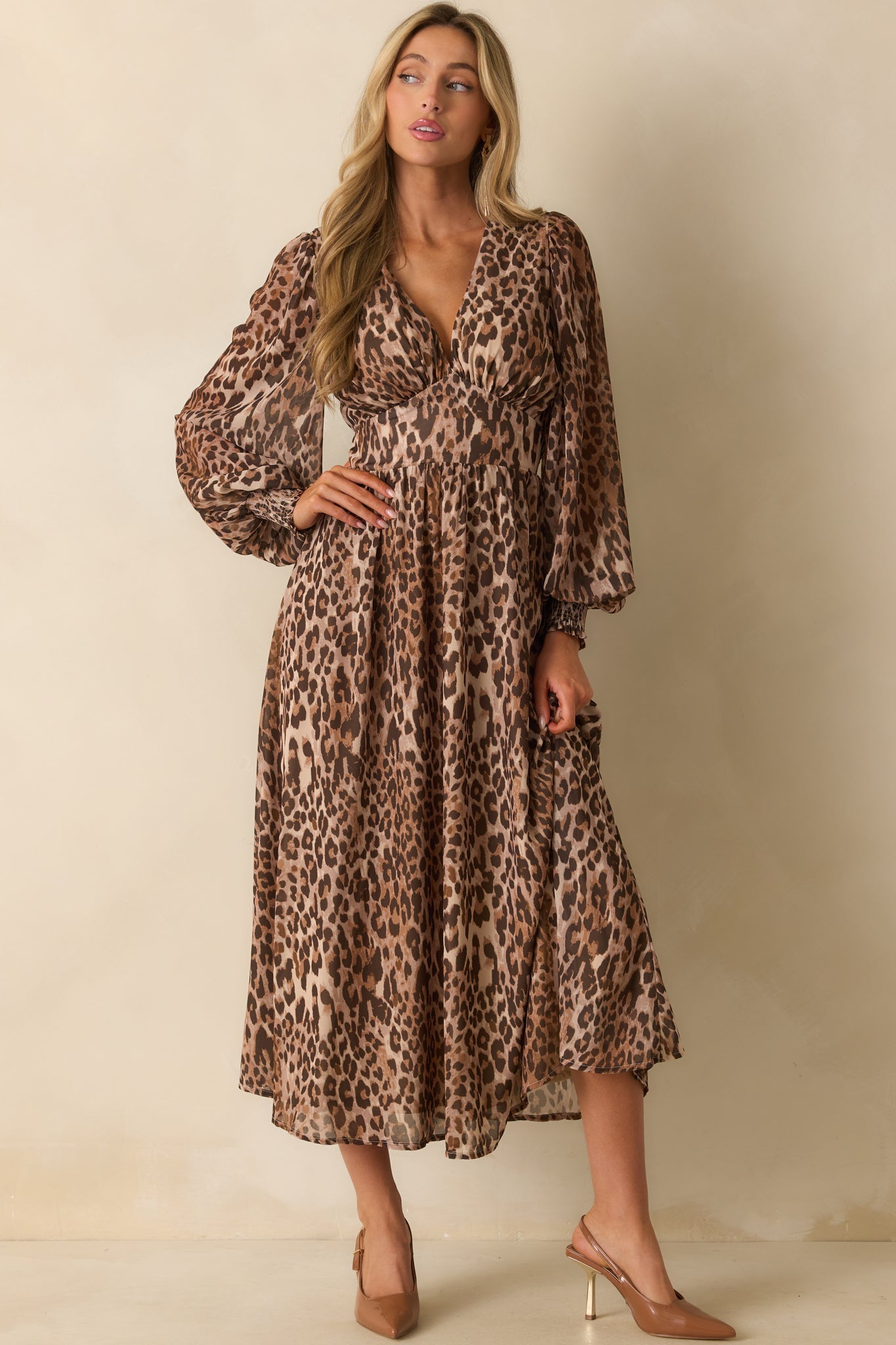 At Any Given Moment Brown Leopard Print Chiffon Maxi Dress