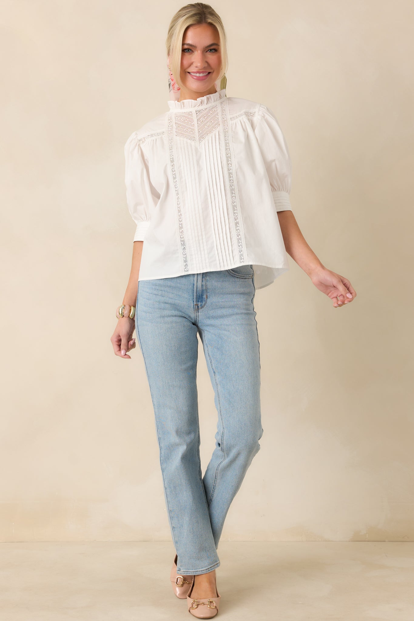 Lines Yet Written White Cotton Pintuck and Lace Puff Sleeve Top