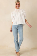 Lines Yet Written White Cotton Pintuck and Lace Puff Sleeve Top