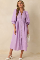 To Be Fair Lavender Blouson Sleeve Zip Up Midi Dress