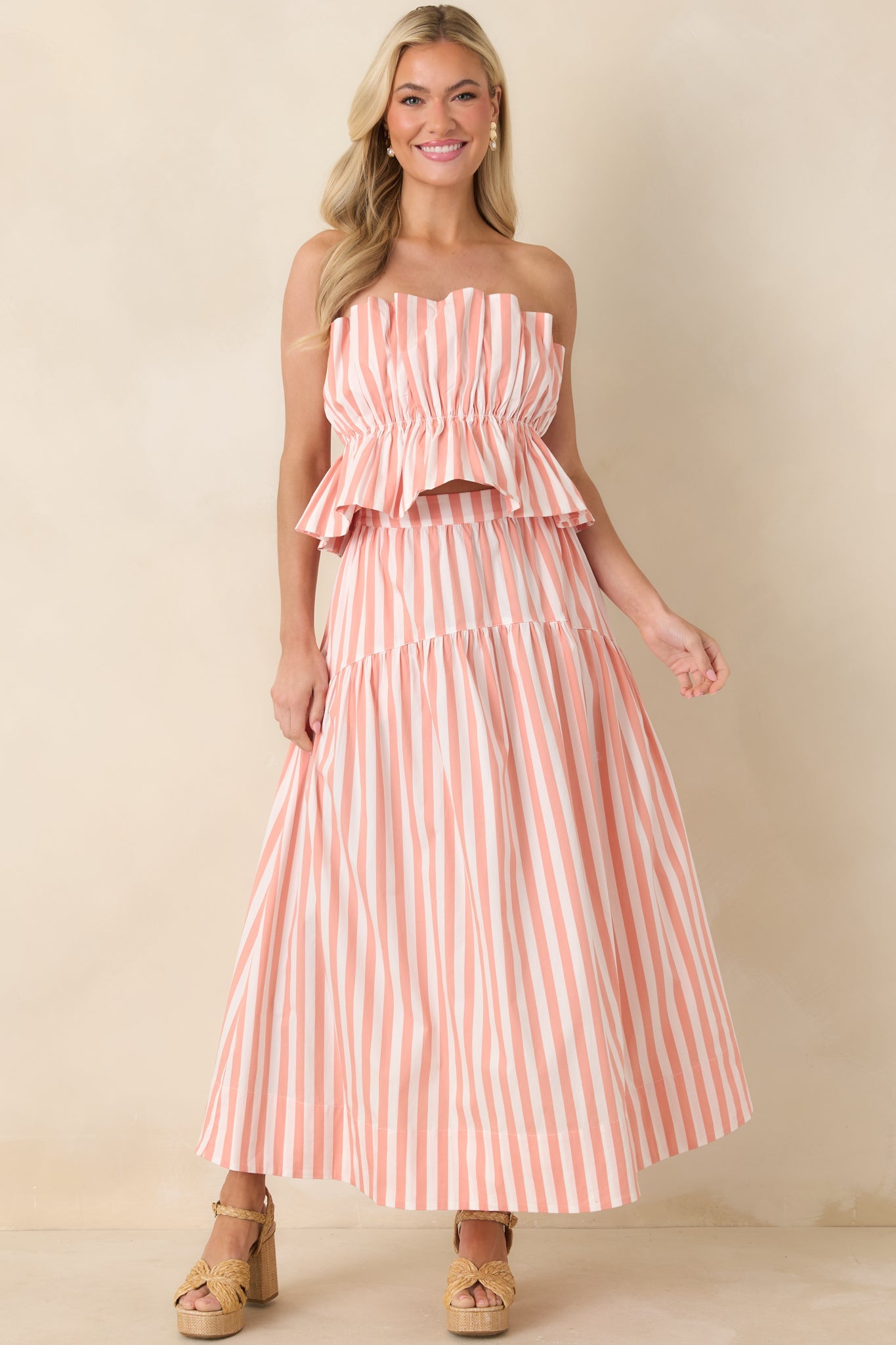 Tide & True Coral Orange Stripe Ruffle Bandeau Top