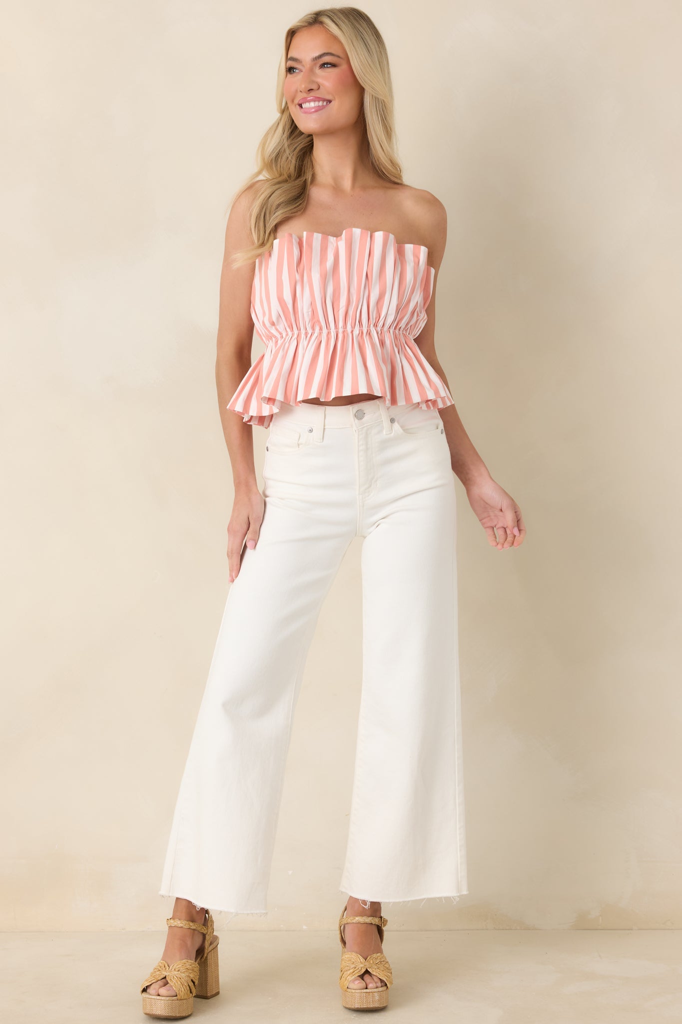 Tide & True Coral Orange Stripe Ruffle Bandeau Top