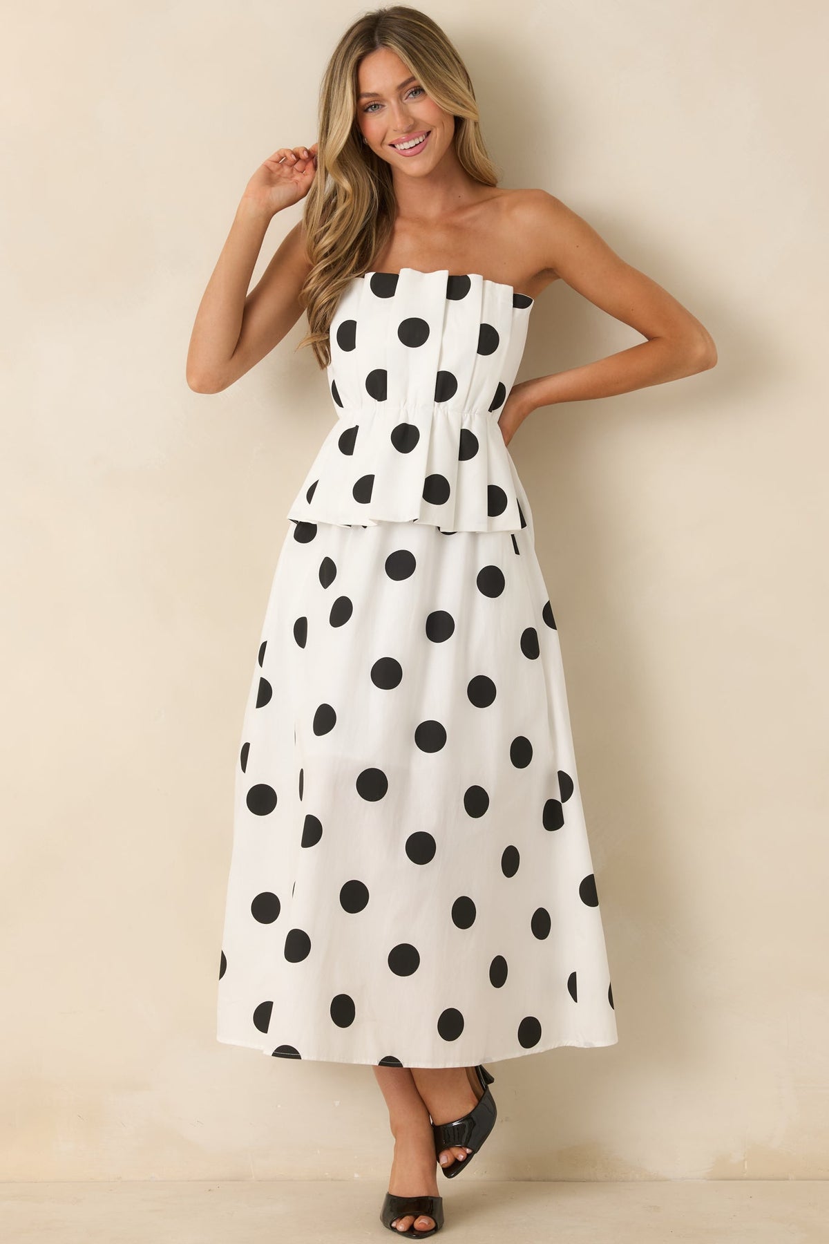 A Class of Her Own White & Black Polka Dot Strapless Midi Dress