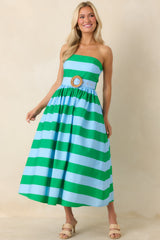 The Amanda Green & Light Blue Stripe Cotton Strapless Midi Dress