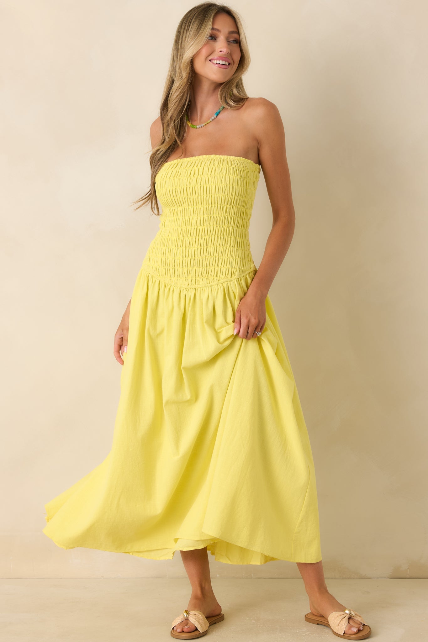Stay Awhile Yellow Smocked Cotton Maxi Dress