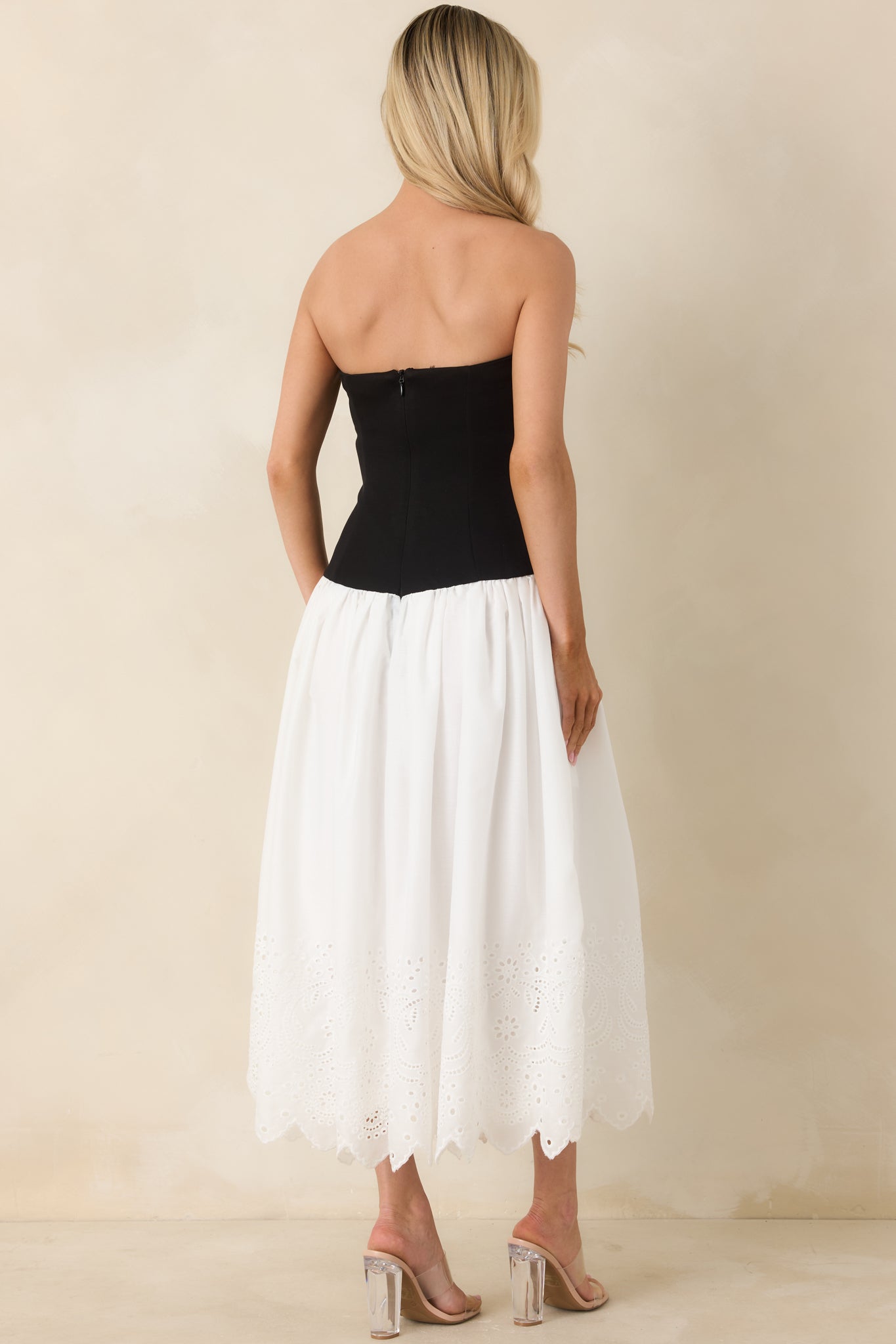 It's a Classic Black & White Cotton Eyelet Strapless Midi Dress
