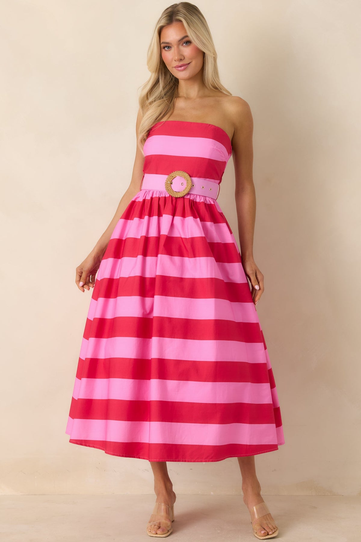 The Amanda Pink & Red Stripe Cotton Strapless Midi Dress