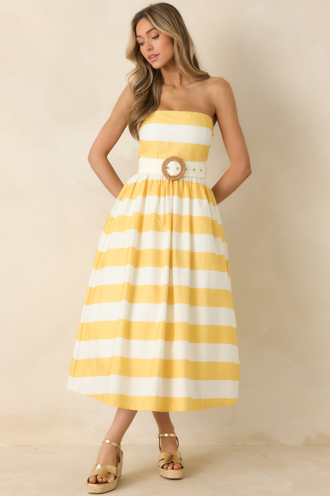 The Amanda Yellow & White Stripe Cotton Strapless Midi Dress