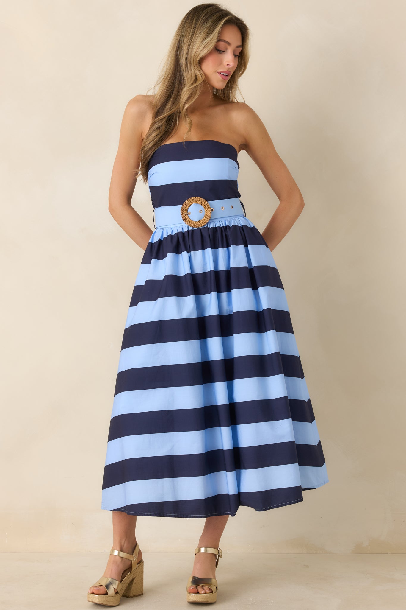 The Amanda Navy & Light Blue Stripe Cotton Strapless Midi Dress
