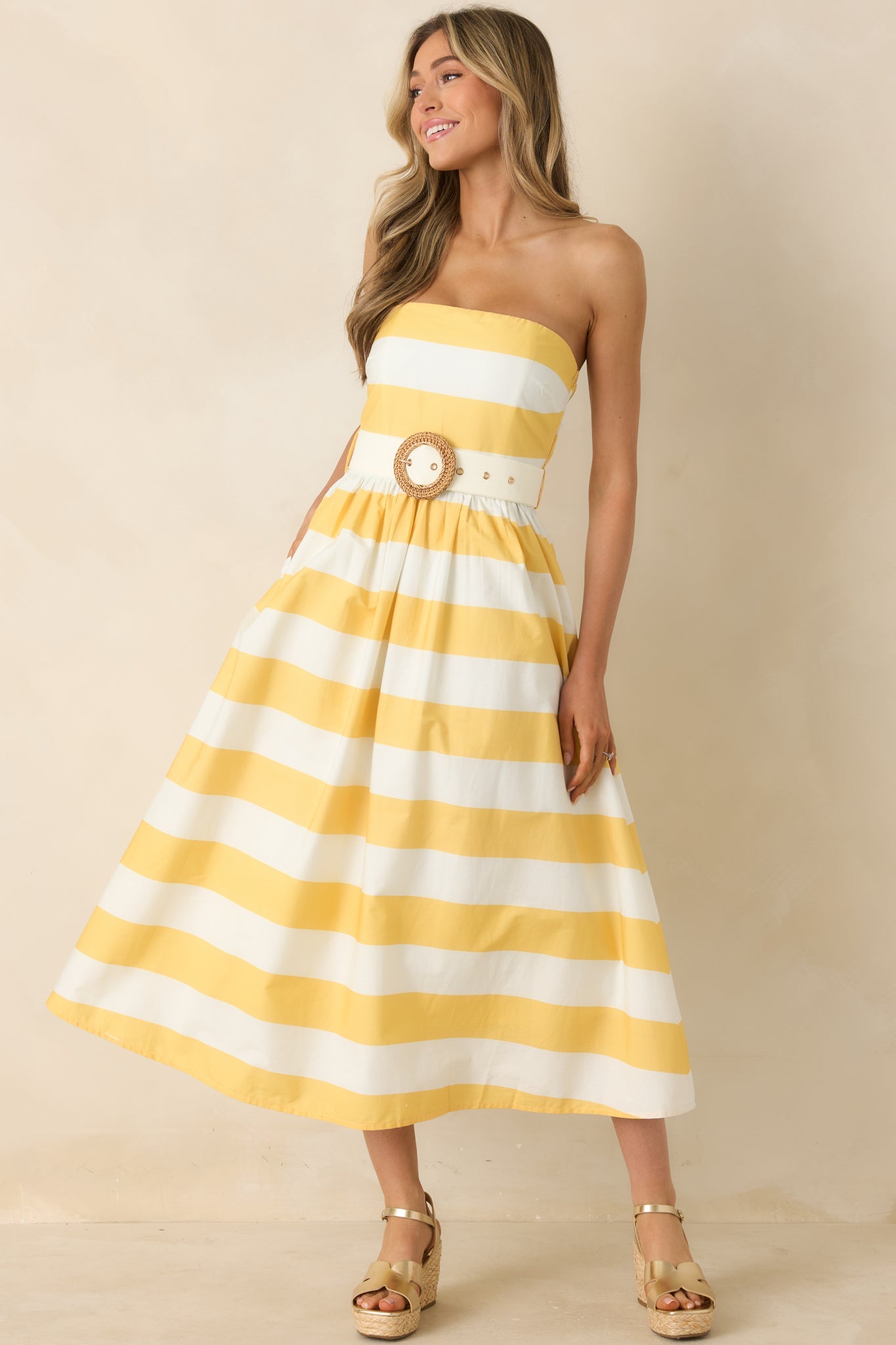 The Amanda Yellow & White Stripe Cotton Strapless Midi Dress