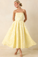 Radiating Joy Yellow Floral Jacquard Strapless Midi Dress