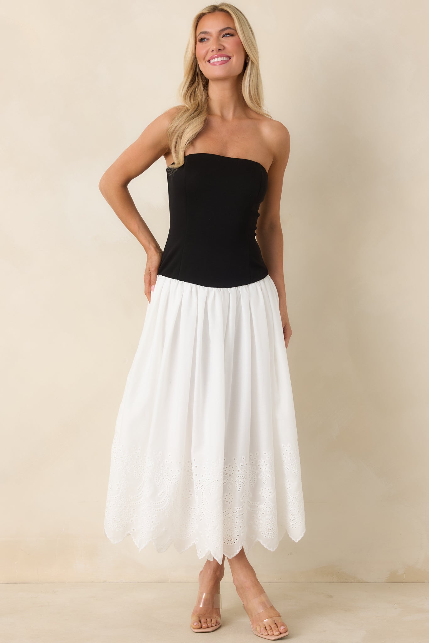 It's a Classic Black & White Cotton Eyelet Strapless Midi Dress