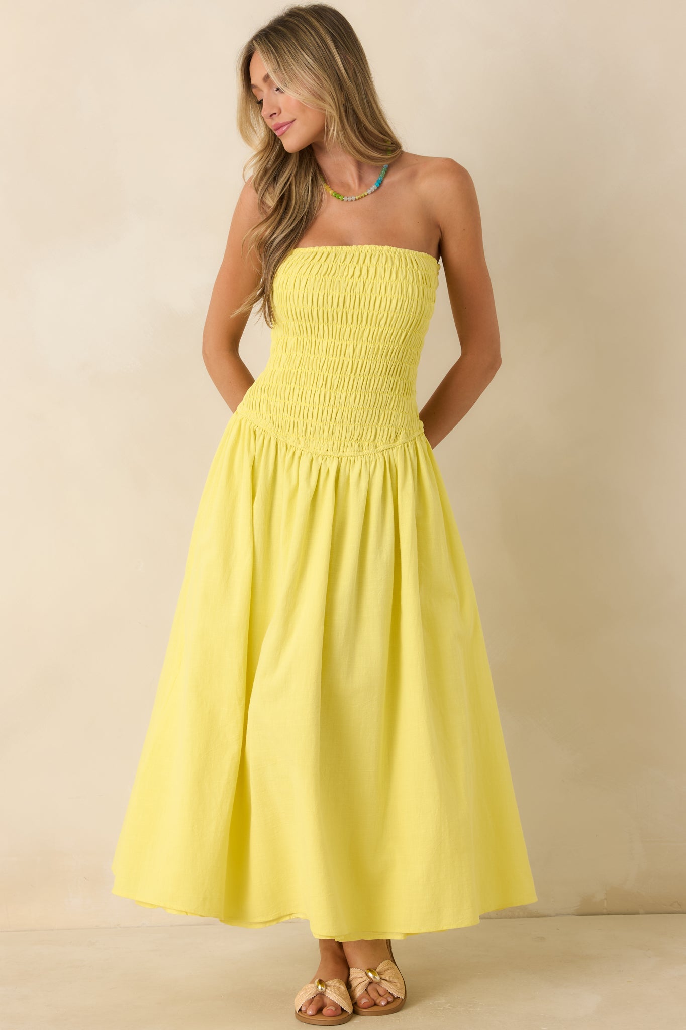 Stay Awhile Yellow Smocked Cotton Maxi Dress